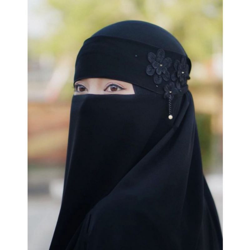 cadar niqab bandana bunga bandul mutiara