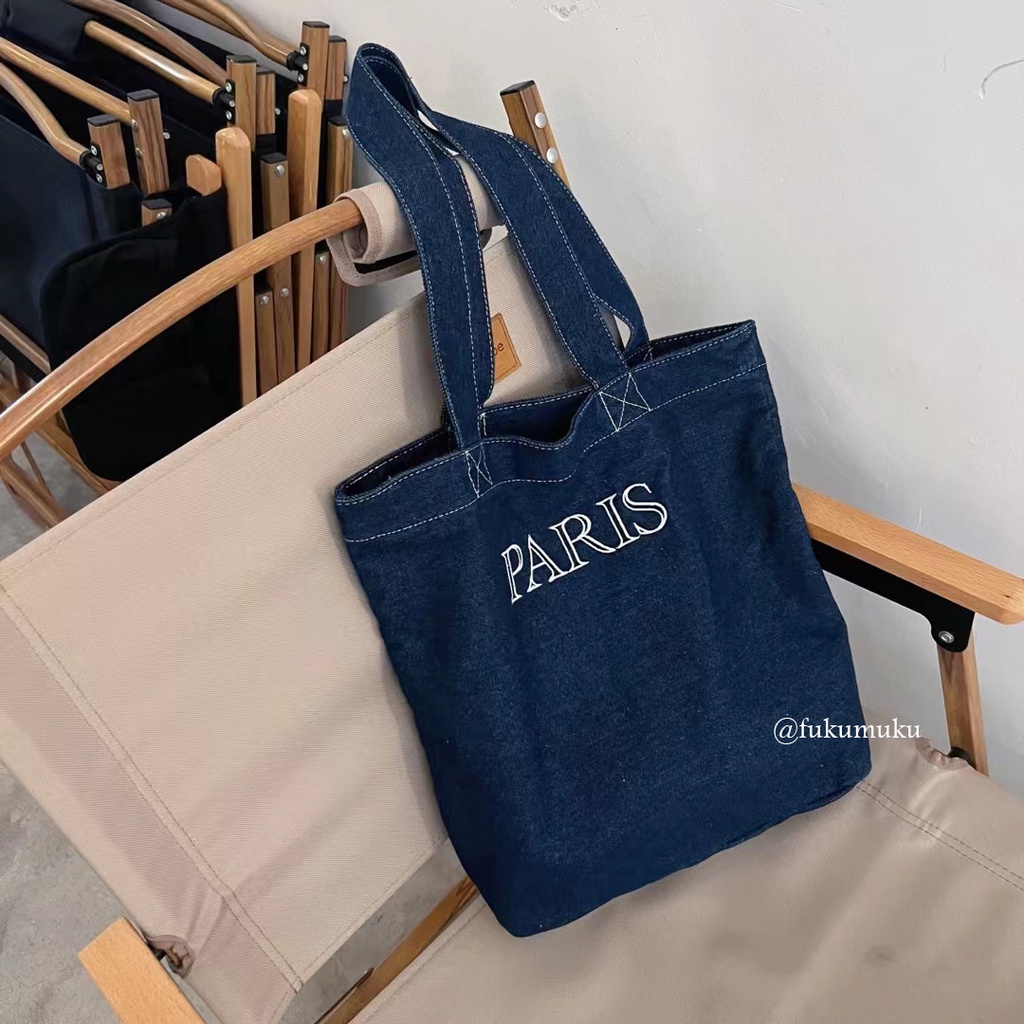 Tote Bag Wanita Lovey Summer Paris Bahan Denim 2 Warna / Shoulder Bag Korea Wanita Import