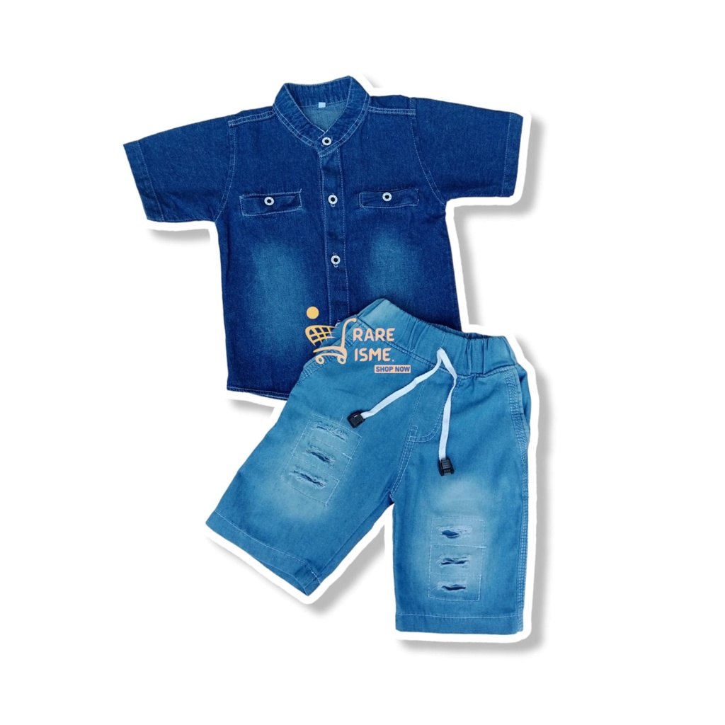 SETELAN KEMEJA JEANS ANAK LAKI-LAKI CELANA PENDEK RIPPED 1-12 TAHUN