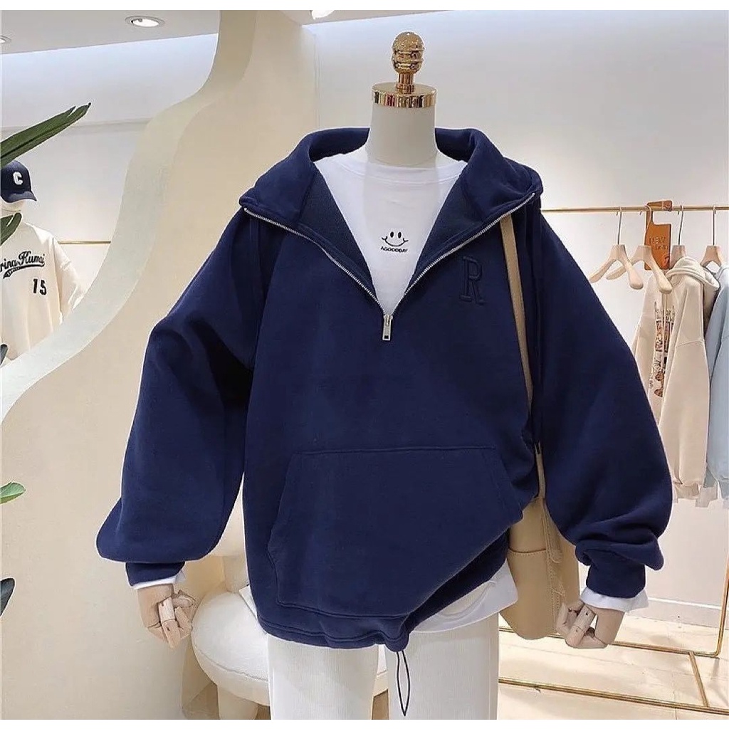 Jacket Wanita R BORDIR HOODIE ZIP SLETING Sweater Kasual Ala Korean Gaya Simple