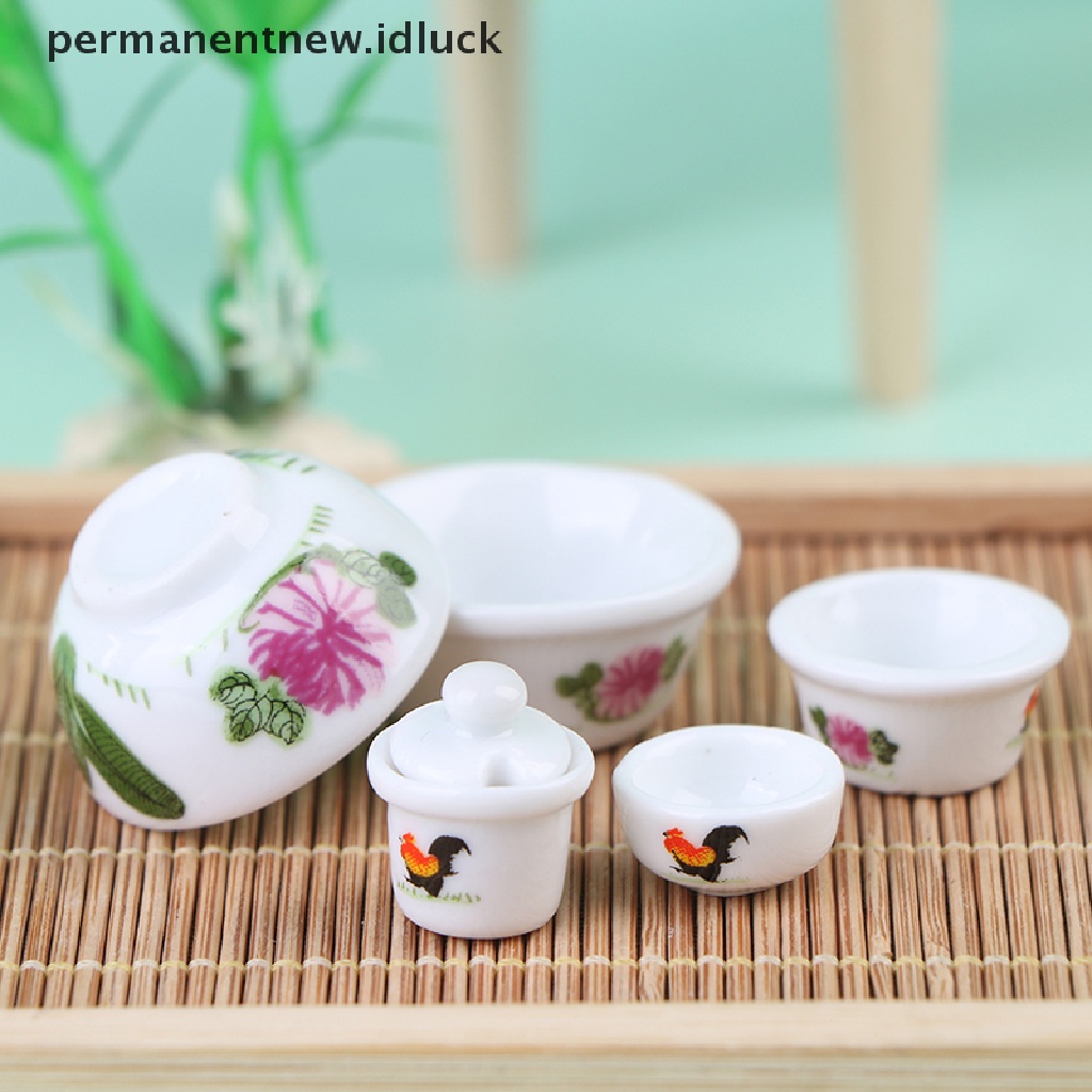 [luckypermanentnew] 1: 12rumah Boneka Keramik Mangkok Ayam Jago Toples Cangkir Piring Peralatan Makan Boneka Dekorasi Dapur [ID]
