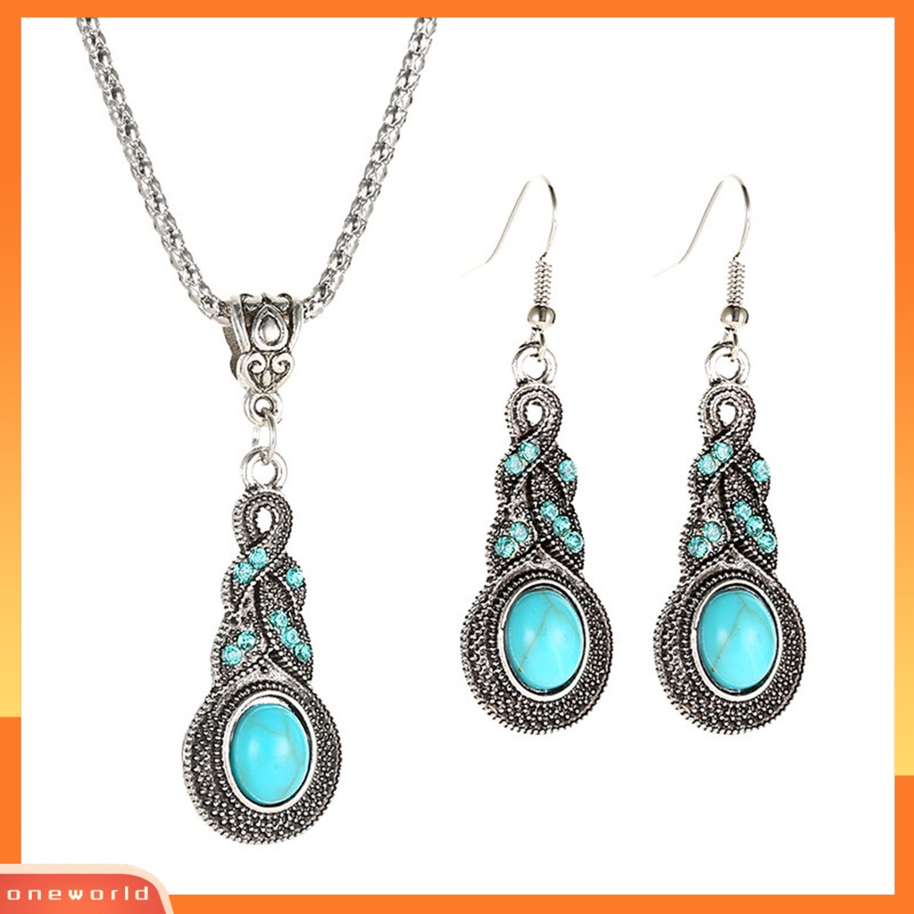 [oneworld] 1set Wanita Kalung Anting Faux Turquoise Vintage Jewelry Set Perhiasan Berkilau Electroplating Untuk Pesta