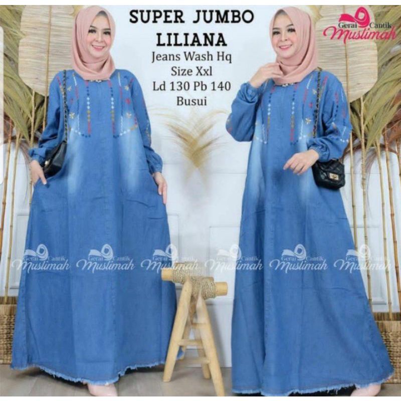 COD Gamis Jeans Wanita Jumbo Ld 130 Pb 140 Terbaru/Gamis Jins Bordir/Dress Levis Kekinian