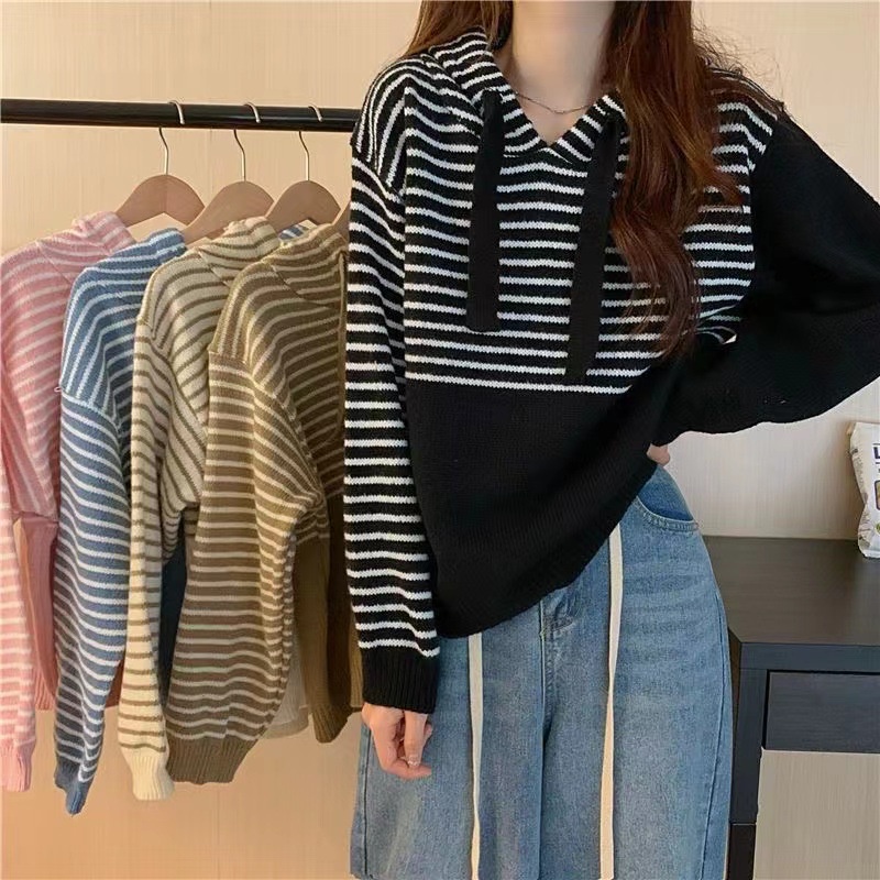 Fira Sweater Hoodie Stripes Top Soft Knit Import - Baju Rajut Wanita Tangan Panjang TM (M3808)