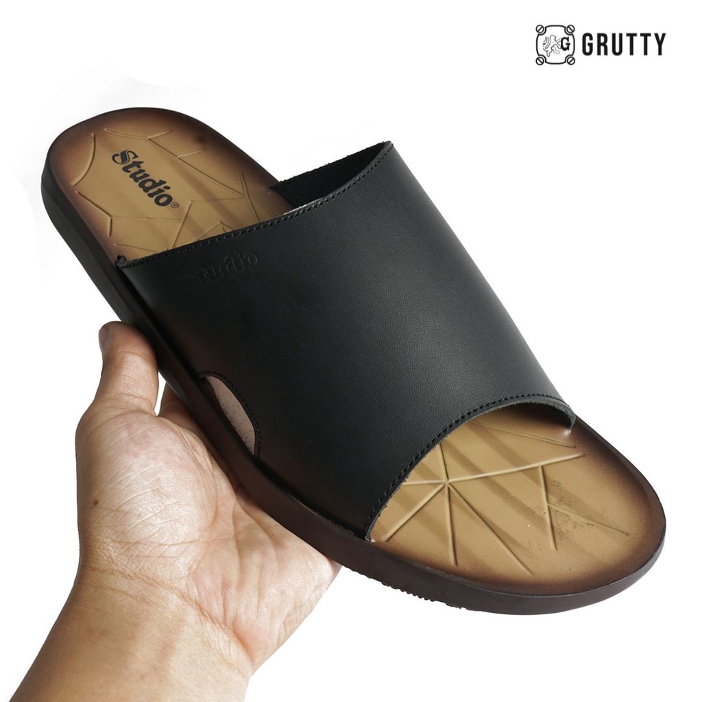 Sandal Kulit Slip On Pria Slide Sandals Hitam Studio