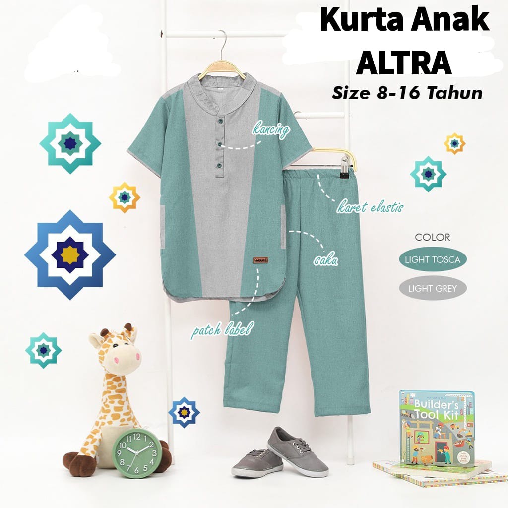(NEW) ALTRA - Baju Setelan KURTA Koko Anak Pria Laki Laki Muslim Lengan Tangan Pendek Katun MADINAH 
