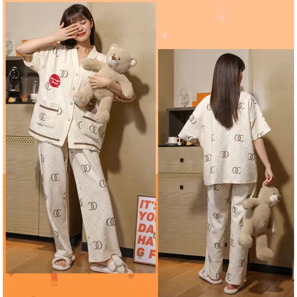 SETCEL ONESET PIYAMA BAJU TIDUR FASHION WANITA DEWASA VNECK CP KATUN IMPORT PREMIUM MOTIF BUSUI LENG