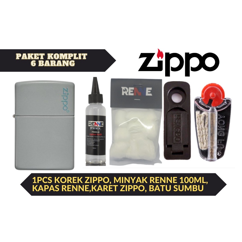 Paket lengkap korek Zippo Abu abu matte plus minyak kapas batu sumbu karet tutup zippo