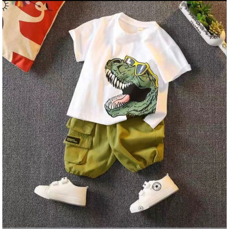 Setelan anak laki lako usia 1 sampai 5 tahun motif T rex terbaru baju anak pakaian anak setelan anak