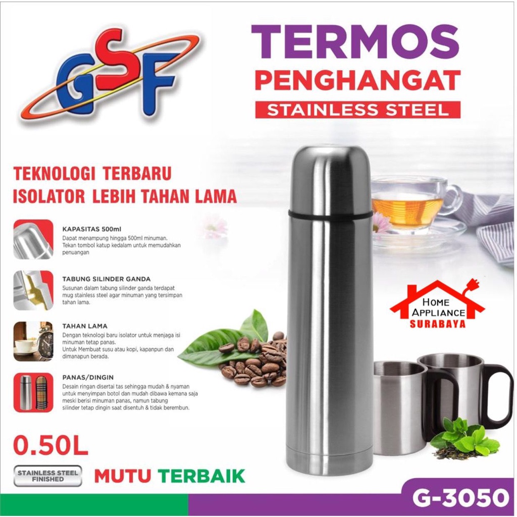 Termos Stainless Steel Air Panas Dingin 350ml / 500ml / 750ml / 1000ml GSF - Thermos Vacuum Flask Free Tas