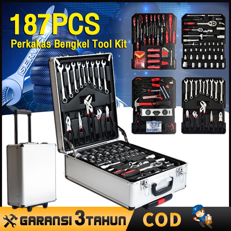 Tool Kit 187 PCS 1/2 1/4 Inci Kunci Set Socket Wrench Pas Sok Set Car Repair Tool Kunci Inggris Kunci Sok Set Perkakas Bengkel Dan Rumah Koper Lengkap Bahan Kuat Tool Box