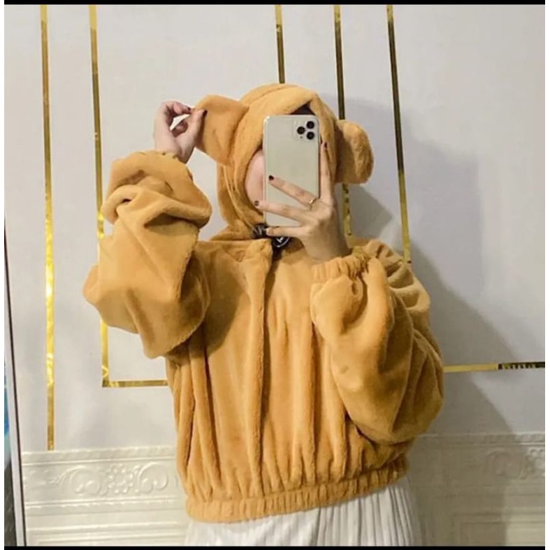 JAKET OVERSIZE SHERPA BEAR WANITA HOODIE CROOPED PREMIUM