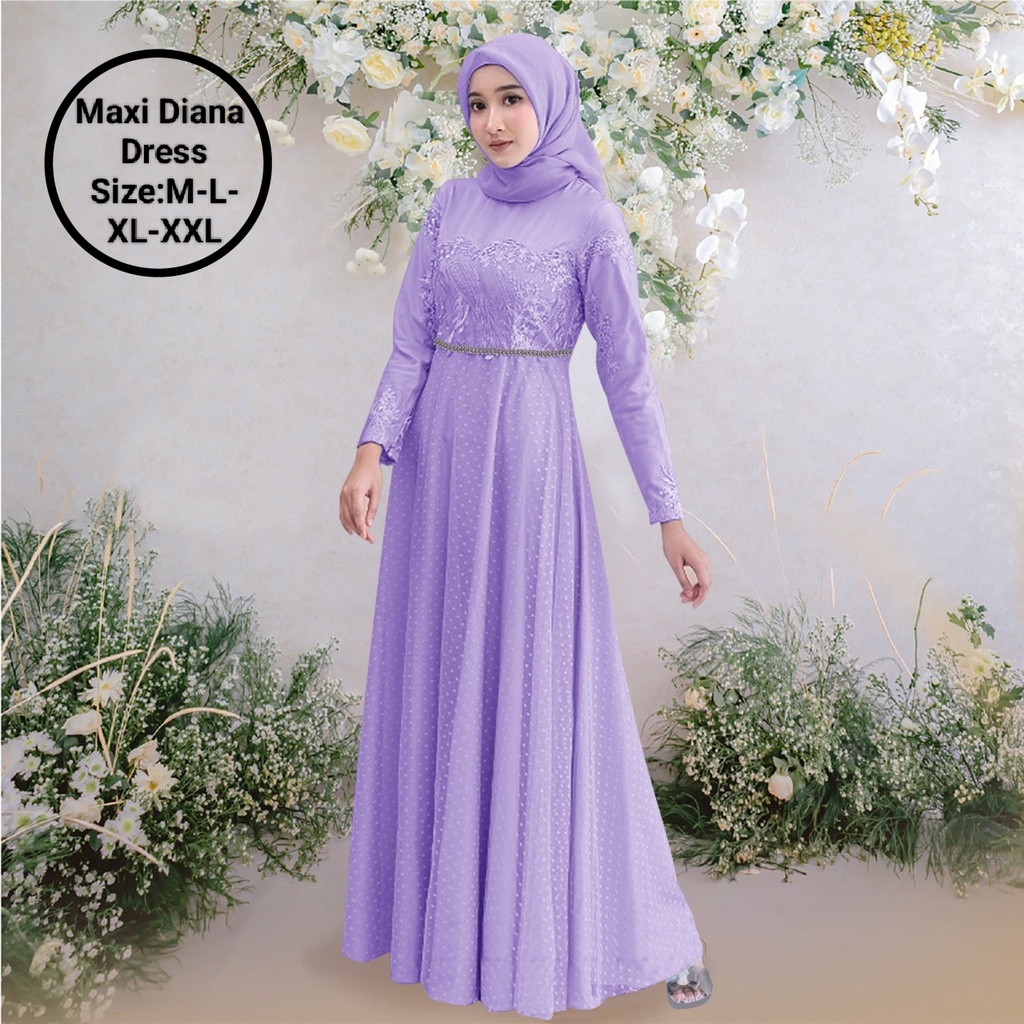 Pakaian Gamis Wanita Busui Model Terbaru Kekinian/Maxi Diana Dress 4 Size M-L-XL-XXL Matt Moscrepe Mix Brokat Mutiara Dan Tille Onde/Dress Kondangan/Dress Elegant