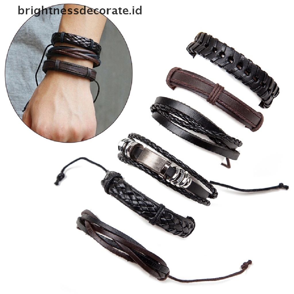 [Birth] 6pcs/set Vintage Pria Gelang Multilayer Tali Kulit Tali Lilin Braided Bracelet [ID]