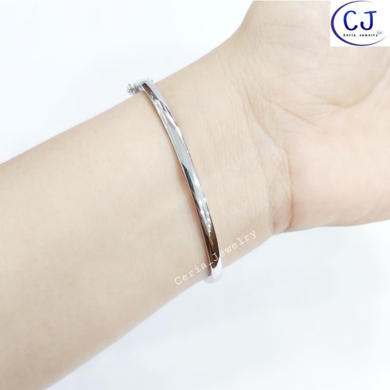 Gelang Perak Asli Silver Wanita 925 Lapis Emas Putih Model Bangle Oval matahitam - Perhiasan Perak