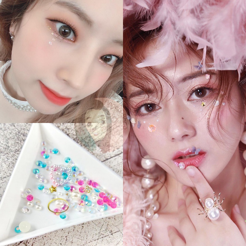 80 pcs Mixed Rhinestone Rivet Pearl Mix Nail Art Mutiara Manik-manik Craft Kosmetik Hiasan Kuku Eye Korean Glitter Make Up Handphone Decorations Wedding Party Cosplay Gems Bead Putih Pink SIlver Gold