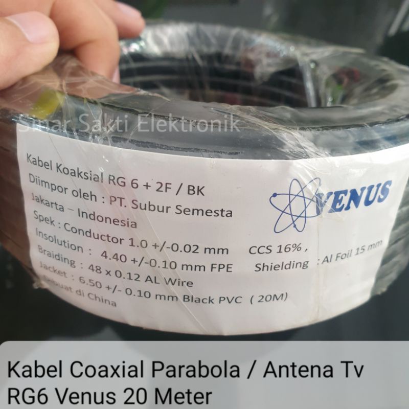 Venus Kabel Coaxial RG6 +2F 20 meter Parabola Antena TV Anten Jernih 20M