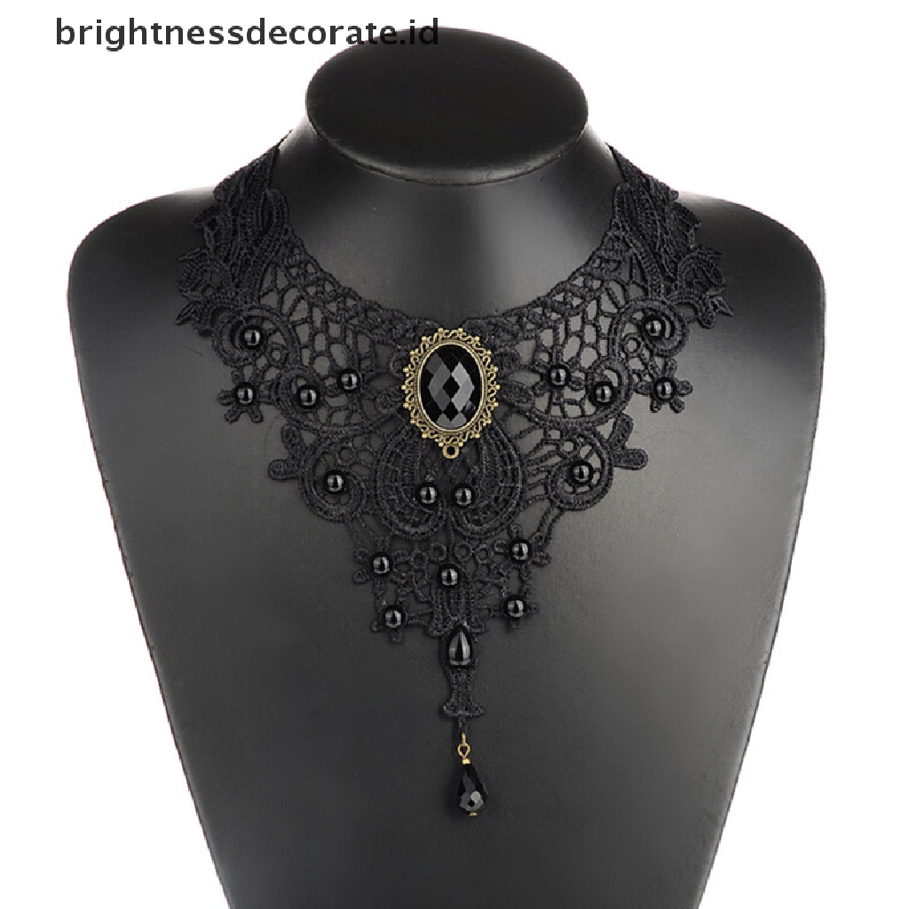 [Birth] Black Lace &amp; Beads Choker Victorian Steampunk Style Gothic Collar Kalung Hadiah [ID]