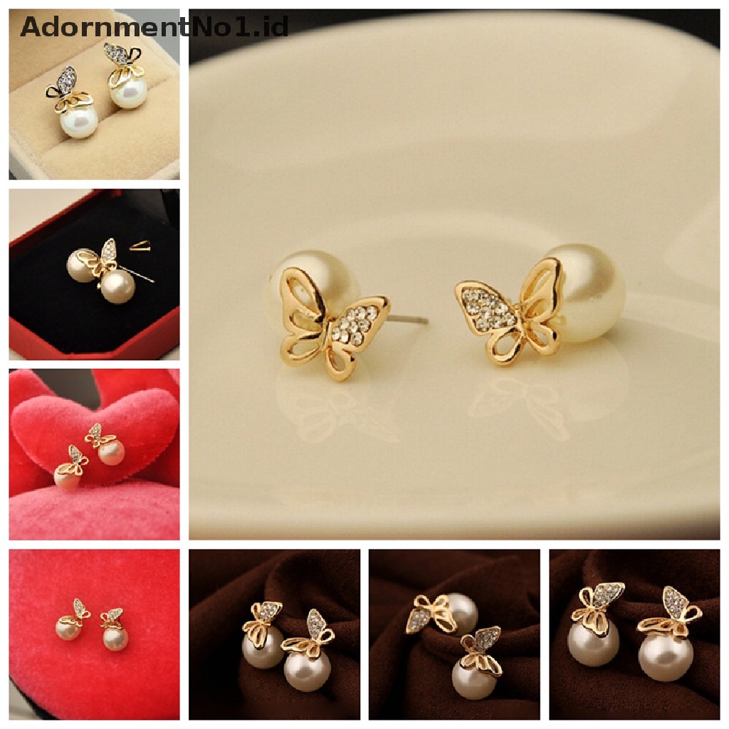 [AdornmentNo1] Fashion Baru Perhiasan Wanita Kristal Emas Kupu-Kupu Mutiara Ear Stud Earrings Earbob [ID]