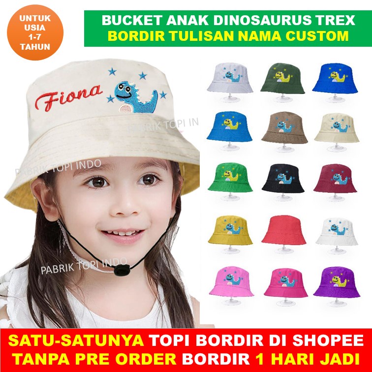 Topi Dino Topi Trex Bucket Anak Dinosaurus dan Bordir Nama Anak Usia 1 - 7 Tahun