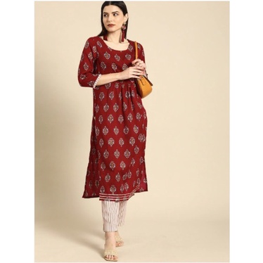 Kurti India 1 Set Dengan Celana Size M XL / Anouk Women Maroon Ethnic Motifs Printed Pleated Gotta Patti Kurta with Trousers / Baju Wanita India / Baju Lebaran / Baju Pesta / Anarkali India / Dress India Terbaru / Pakaian Wanita India