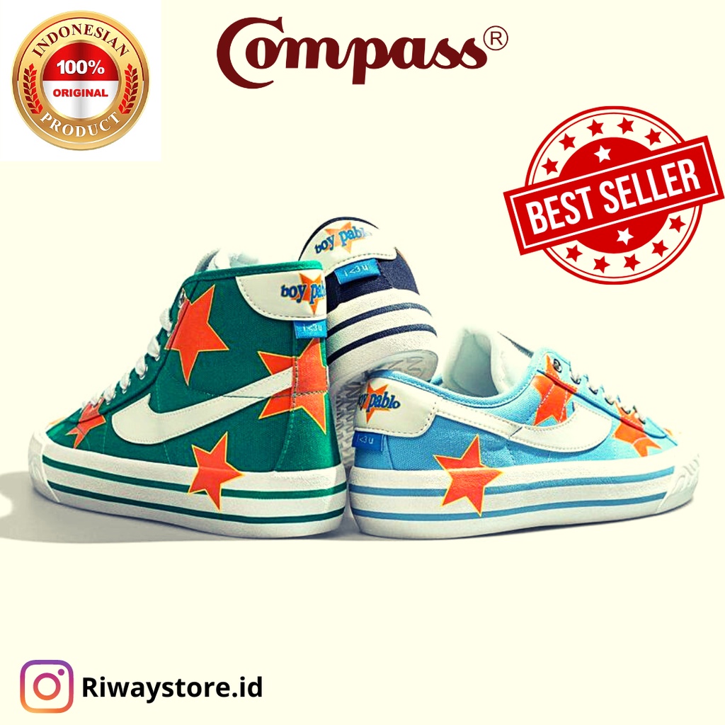 [ORIGINAL] Sepatu Compass Retrograde X Boy Pablo (Low Black White/Baby Blue , High Green)