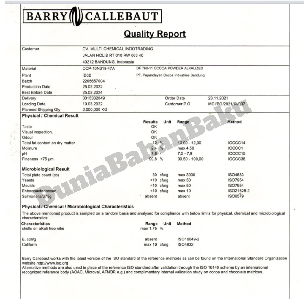 PURE COCOA POWDER BARRY CALLEBAUT. BUBUK COKLAT MURNI 760 25 kg