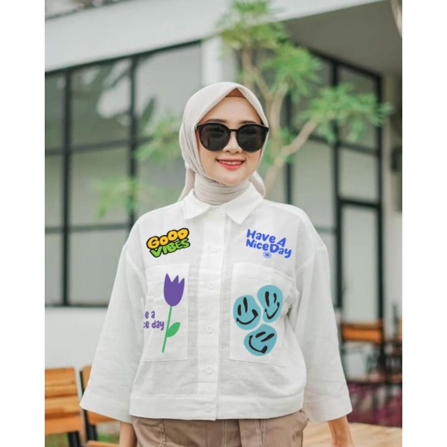 KEMEJA CROP LINEN OVERSIZE / KEMEJA CROP SABLON OUTER CROP/KEMEJA LINEN SABLON WANITA PREMIUM(IC)