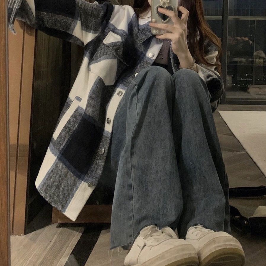 Musim gugur dan musim dingin kemeja lengan panjang kotak-kotak desain wanita niche rasa kemeja longg