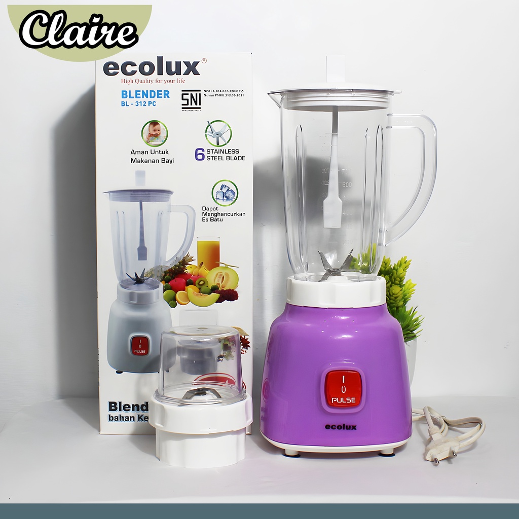 Blender ECOLUX BL - 312 PC / 6 Mata Pisau / Dry Mill / GELAS ANTI PECAH  /190 Watt