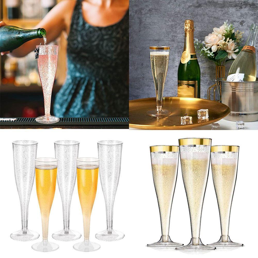 Suyo 10 Pcs Plastik Champagne Suling Tahun Baru Food Grade Transparan Daur Ulang Perlengkapan Pesta Pelek Emas Glitter Reusable