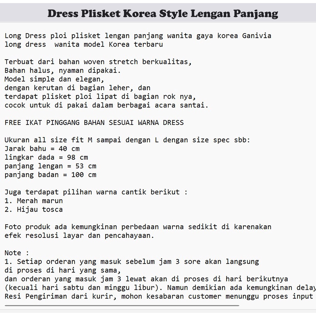 Long Dress ploi plisket lengan panjang wanita gaya korea Ganifia - JCCollections
