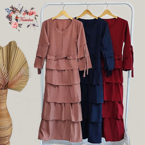 Maxi Dress Gamis Tumpuk Depan Wollycrepe Fashion Wanita Muslim Dress Polos Lengan Lonceng Ada Tali Bagian Lengan Busui Friendly