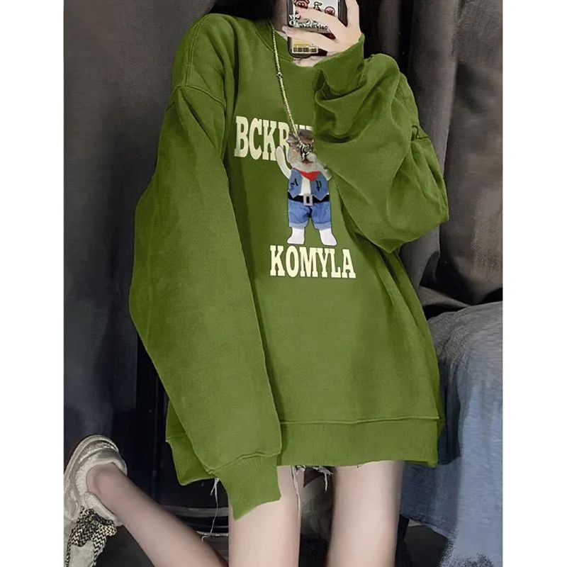 ¤Erpheus American Lazy Chic2023 Musim Semi dan Musim Gugur Bagian Tipis Hijau Tentara Leher Bulat Sweater Wanita Longgar Atasan Lengan Panjang