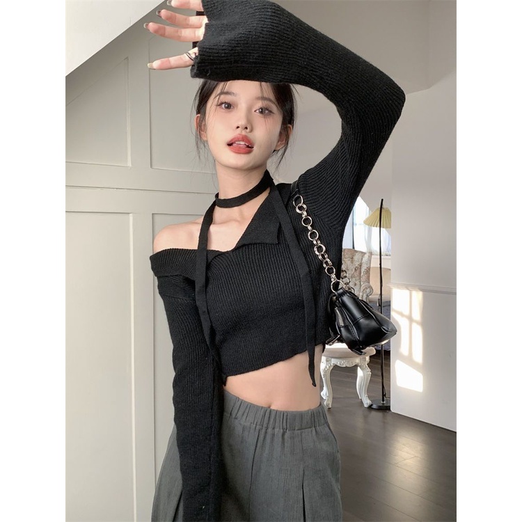 Red Keinginan murni off-the-shoulder rajutan sweater wanita musim gugur dan musim dingin self-budidaya bagian pendek sweater pakaian luar sweater babes one-shoulder lengan panjang top