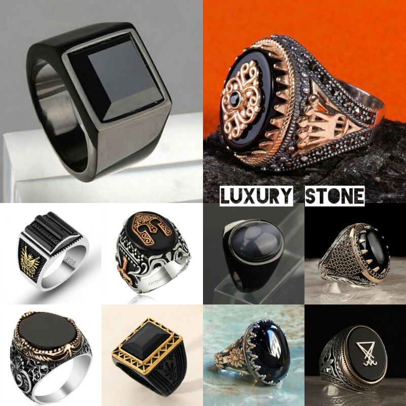 Cincin pria batu hitam super luxury men black stone ring skull punk style