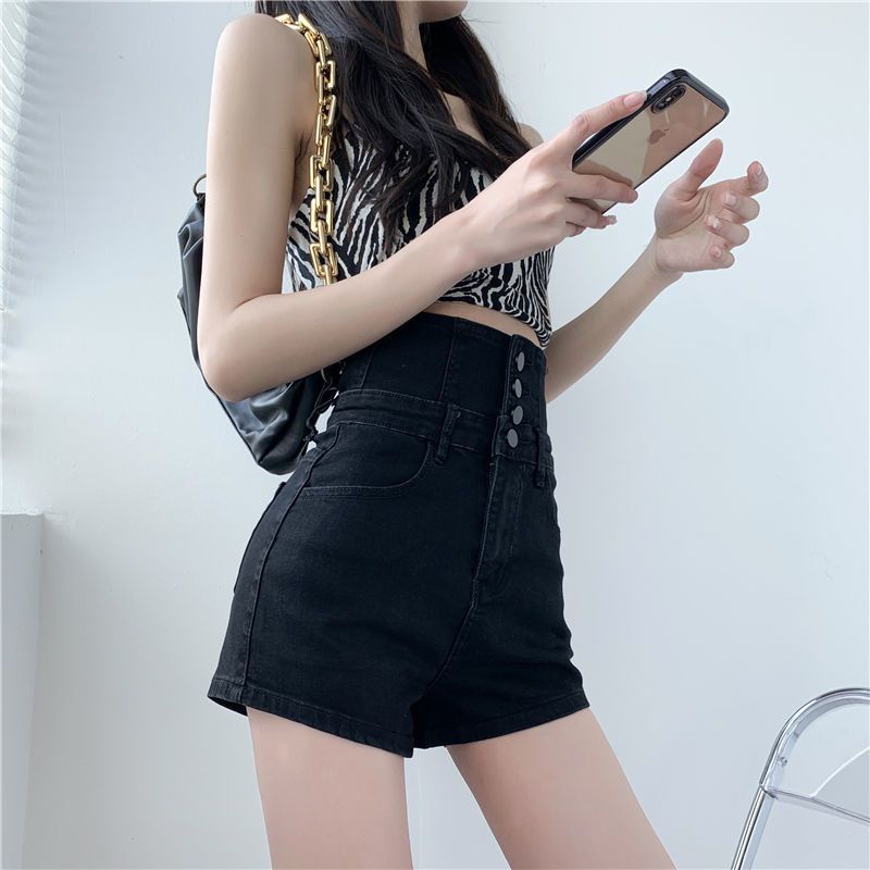 Red Musim Panas Gaya Baru Super Tinggi Pinggang Denim Tie Tali Celana Pendek Wanita Versi Korea Longgar Kaki Lebar Pelangsing All-Match Berkancing a-line Hot Pants