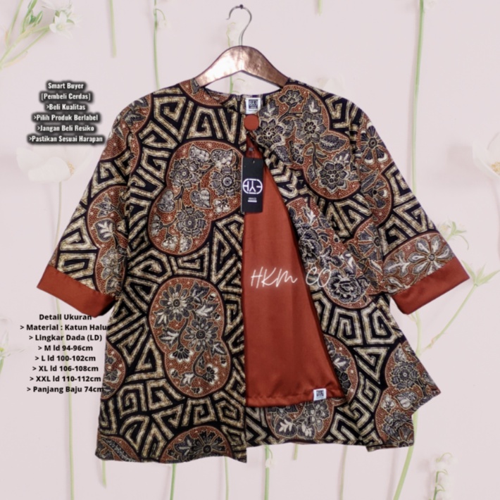 Atasan Blouse wanita Batik Kantoran Seragaman Kondangan Lengan 3/4 Vintage Bahan Katun Halus HKM