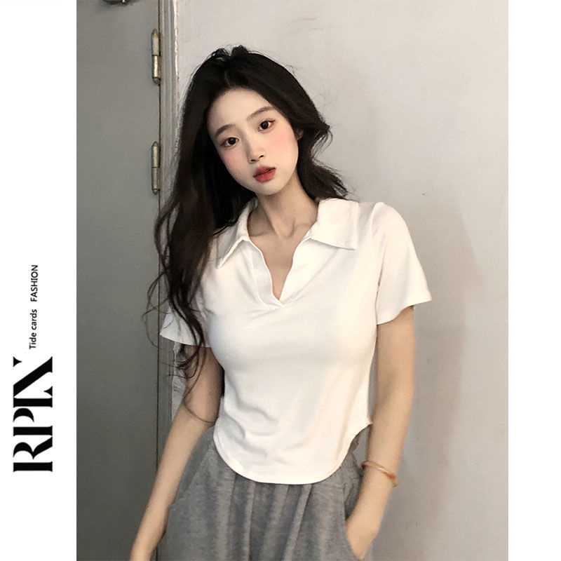 Red RPIN Irregular Putih Pendek Pure Desire T-shirt Wanita Musim Panas Baru POLO Kerah Slim Lengan Pendek Bahu Depan Top trendi