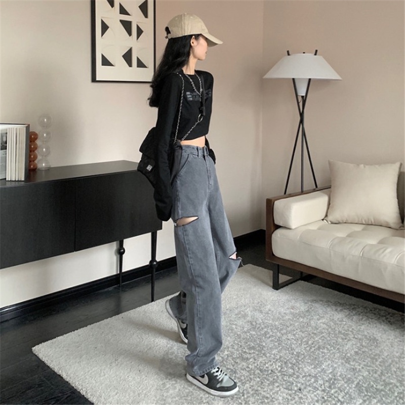 Abu abu Highwaist Robek Celana Jens Wanita / Korean Fashion Kulot Jeans Wanita