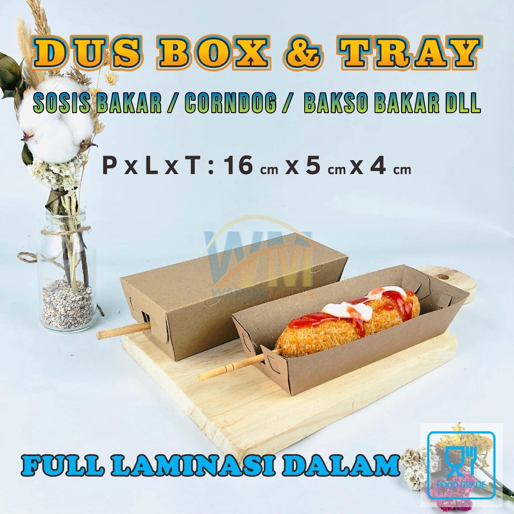 DUS SOSIS BAKAR / PAPER TRAY SOSIS BAKAR / TRAY HOTANG / TRAY LONG POTATO / BOX CORNDOG LAMINASI / BOX SATE / TRAY CORNDOG / PIRING KERTAS / KEMASAN DINE IN / MIKA SOSIS BAKAR / MIKA SOSTEL