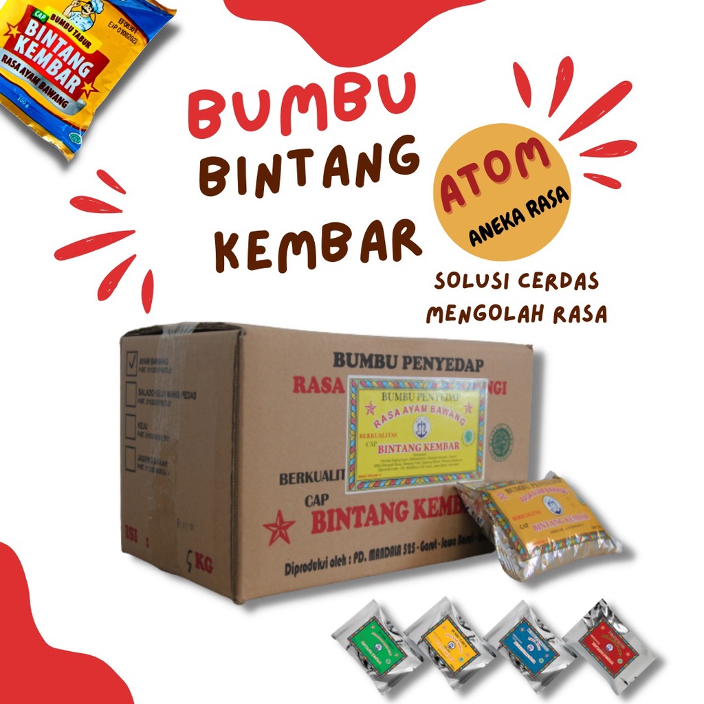 

Bumbu Dapur Bubuk Lengkap/ Bumbu Tabur Aneka Rasa/ Bumbu Tabur Ayam Bawang/ Bumbu Atom Bintang Kembar/ Bumbu Tabur Manis Asin Kemasan 250 Gram 1 Karton isi 60pcs