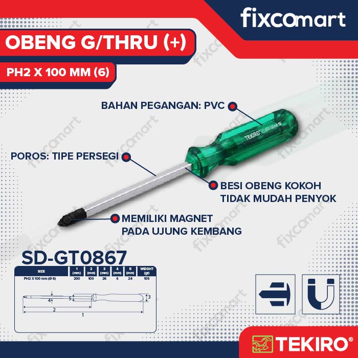 Tekiro Obeng Tembus Hijau (+) Ph2 X 100 Mm / Tekiro Obeng Go Thru