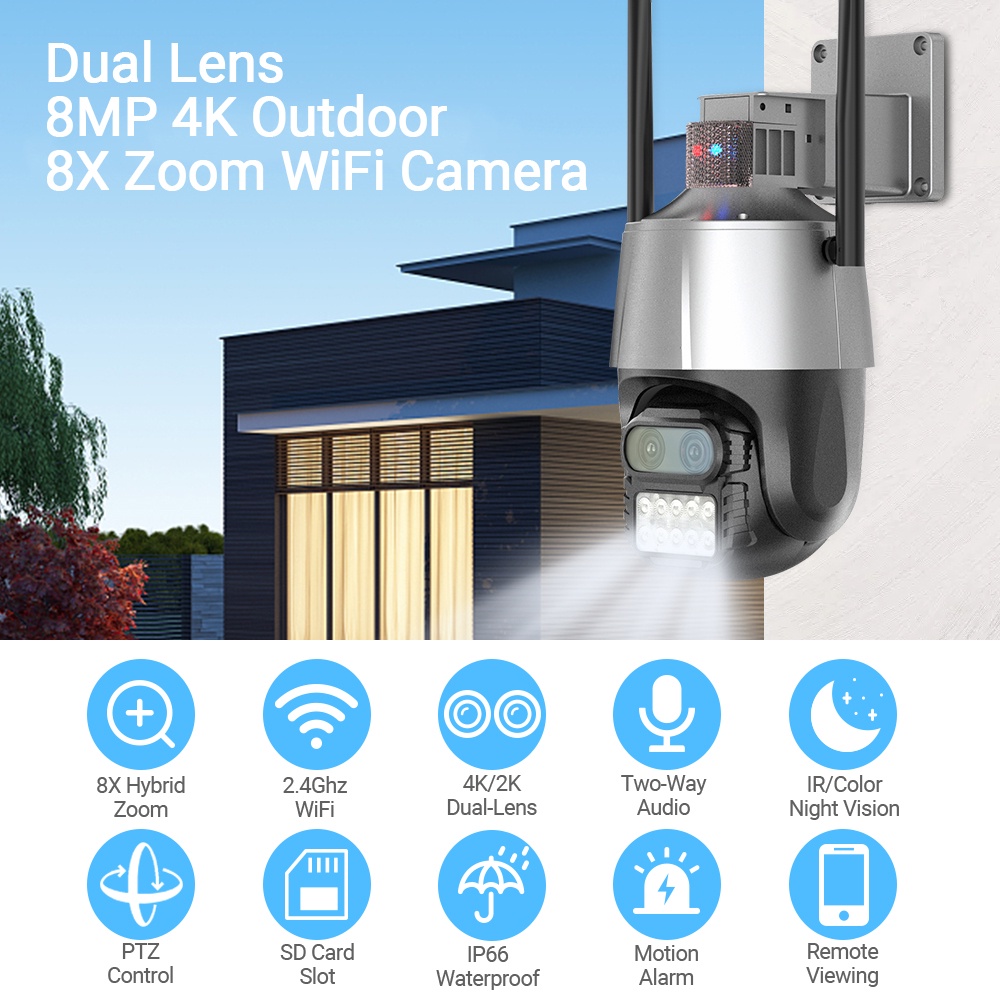 Hamrol 8MP 4K Dual Lens 8X Zoom Outdoor Speed Dome PTZ WiFi Camera With Anti-theft Siren Alarm Auto Tracking CCTV IP Camera