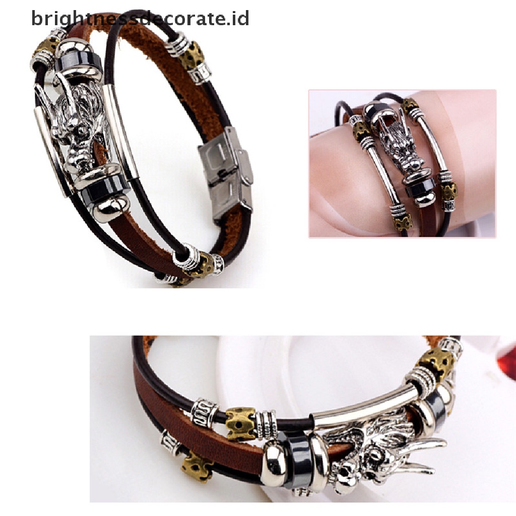 [Birth] Multilayer Kulit Tibet Perak Pria Gelang Parataxis Naga Pria Accessoires [ID]