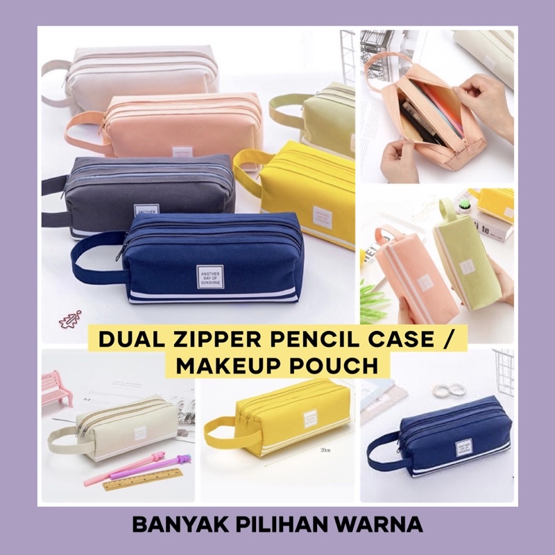 Bisa COD Kotak Pensil Stationery Dual Zipper / Dompet Pensil 2 Pouch Pencil Bag Large Capacity Tempat Pensil Polos Perlengkapan Kantor Kotak Pensil Sekolah Tempat ATK