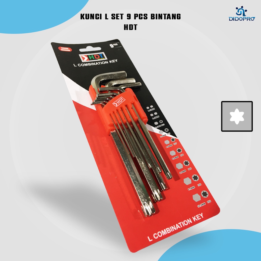 Kunci L Long + L Bintang Set Kombinasi HDT 9 pcs - Hex Torx Set Key