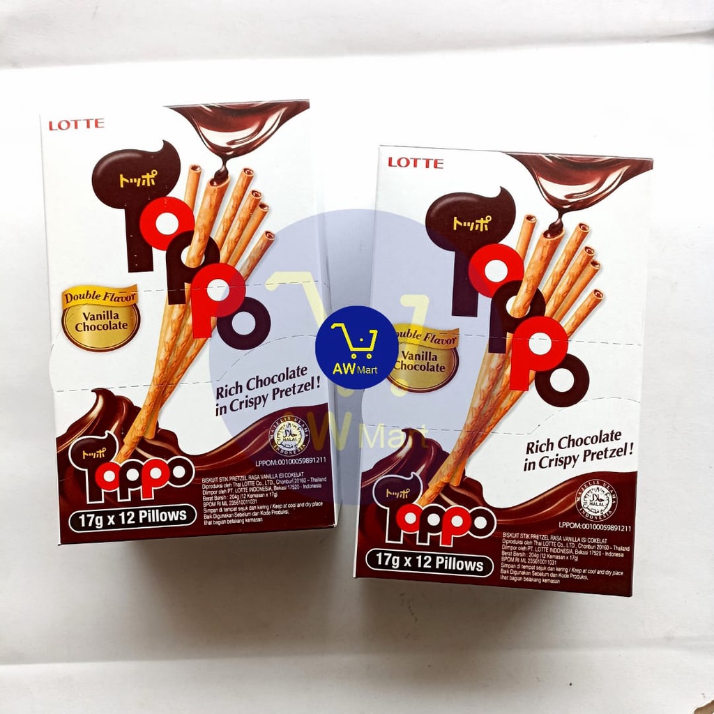 LOTTE TOPPO VANILLA CHOCOLATE BOX 204 GRAM ISI ( 12 BUNGKUS X 17 GRAM ) - BISKUIT STIK PTETZEL RASA VANILA ISI COKELAT