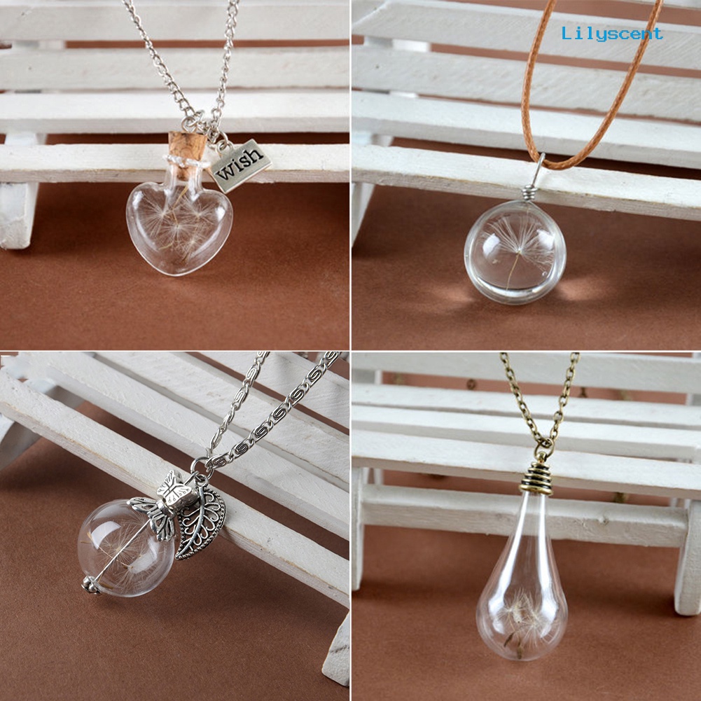 Ls Unisex Dried Dandelion Bow-knot Pendant Glass Wish Bottle Kalung Rantai Panjang