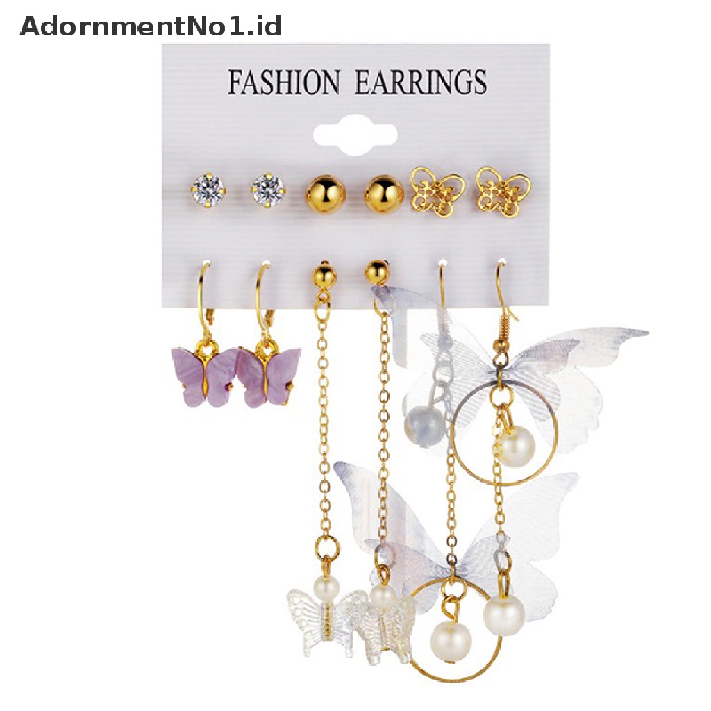 [AdornmentNo1] 6pasang/set Fashion Hati Kupu-Kupu Stud Earring Set Elegan Mutiara Emas Hoop Earrings Untuk Wanita Aksesoris Perhiasan [ID]